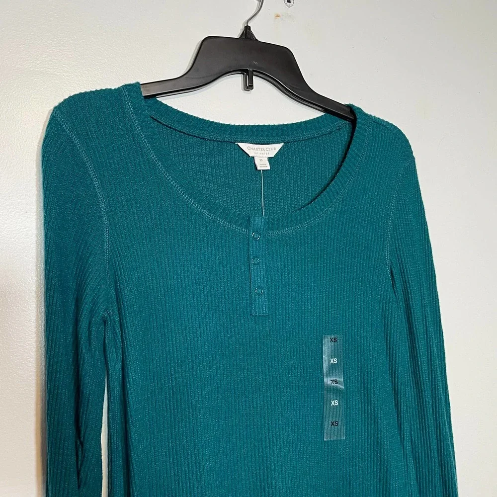 CHARTER CLUB Ribbed Henley Pajama Top teal evergreen, XS - Picture 10 of 12